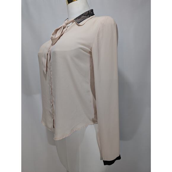 Ann Taylor LOFT Blouse XS Cream Black Lace Trim Bow Neck Long Sleeve - Picture 3 of 8